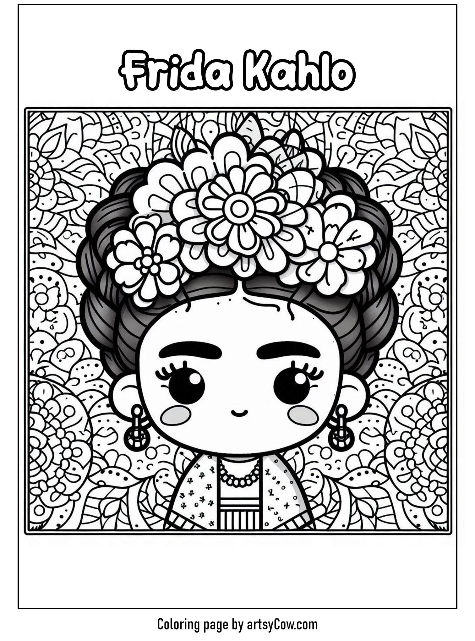 international women's day coloring sheets featuring Frida Kahlo in a floral-themed portrait, highlighting her iconic style and vibrant personality.
